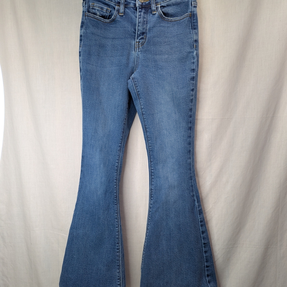 High-Rise Blue Flare Jeans with Gentle Stretch